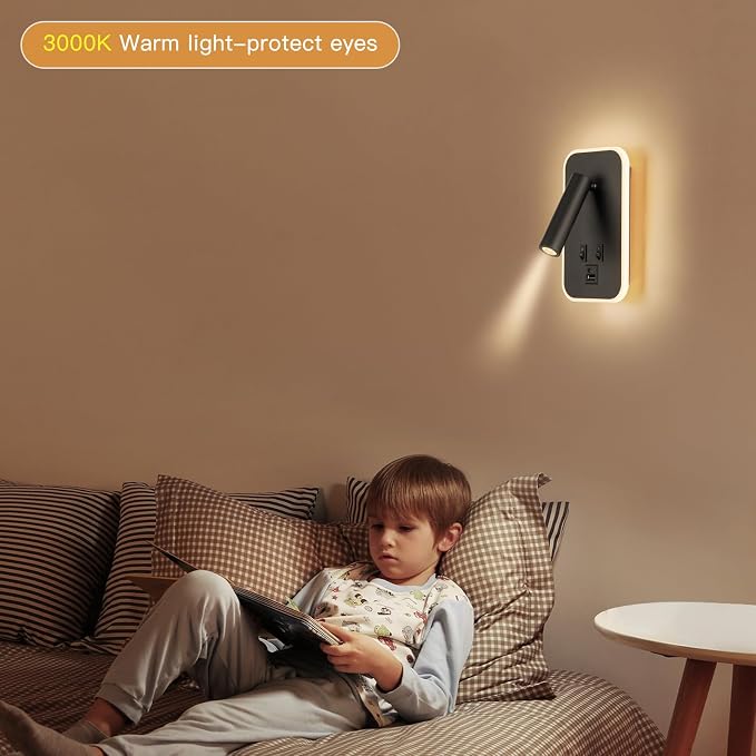 Bed Reading Light, Wall Mounted Reading Fixture with USB C+A Ports, Adjustable Headboard Sconces, Plug-in or Hardwired Bedside Lamp, Modern Black 10W+3W 3000K Warm Ambient lighting for Bedroom