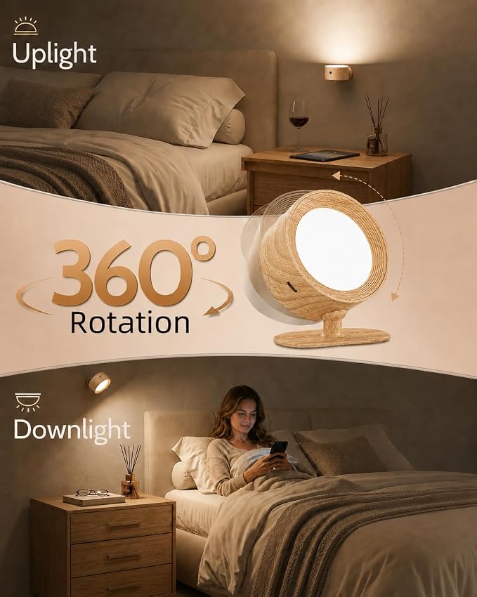 LED Wall Mounted Lights, Rechargeable Wall Sconces, 3 Color Temps, Remote & Touch, 360° Rotating and Dimmable for Bedroom, Bedside & Reading (Wood, 3Pack)