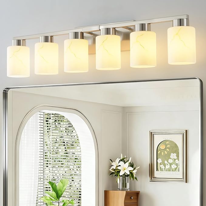 6-Light Bathroom Light Fixtures, Modern Vanity Lights, Brushed Nickel Metal Wall Lamp with White Marble Glass for Bathroom, Mirror, Living Room, Bedroom, Cabinet, Porch, Hallway, E26 Base