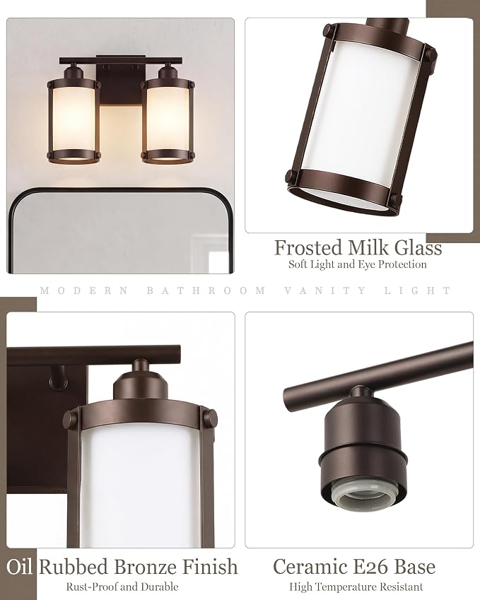 2-Light Oil Rubbed Bronze Bathroom Light Fixtures Over Mirror with Frosted Milk Glass and Metal Cage Shade, 13.2" UL-Listed Modern Farmhouse Wall Sconce for Bath, Hardwire E26, OS-3014ORBW-2W