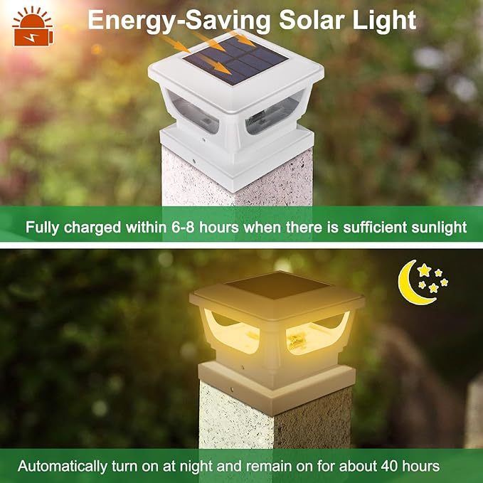 Sumaote 120 Lumen Solar Post Cap Light Outdoor Fits 4 x 4 Wood, 3x3 & 4x4 PVC/Vinyl Posts, 3000K Warm White LED Fence Deck Post Lights Solar Powered for Garden Yard Railing, IP65 Waterproof, 2 Pack