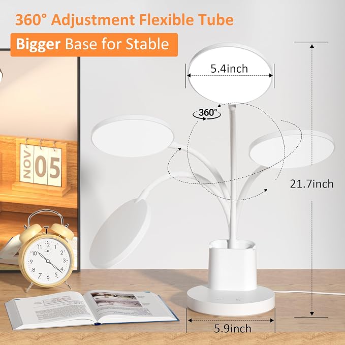 LED Desk Lamp for College Dorm with Pen Phone Holder, White | 3 Color Modes Dimmable Desk Light, College Dorm Essentials, 360° Adjustable Arm, Eye-caring Bedside Reading Lamp, 800 Lumen