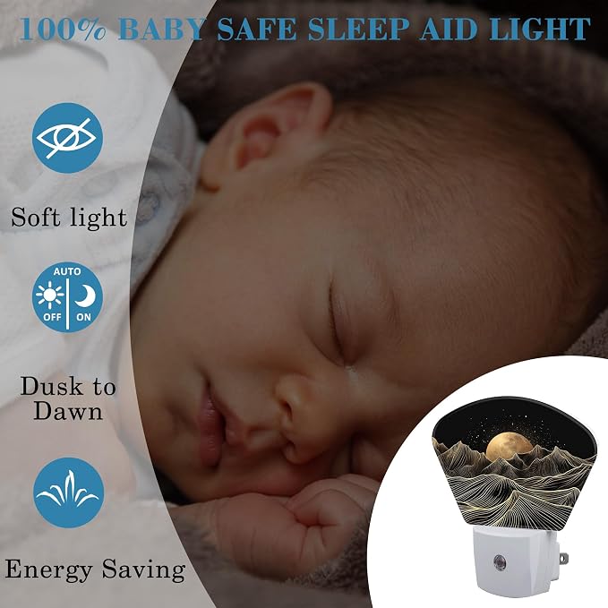 Black Gold Mountain Night Light Golden Moon Nightlight Plug into Wall with Dusk to Dawn Sensor for Kid Girls Boys Women Men Room, Hallway, Kitchen, Bathroom, Stairs Decor