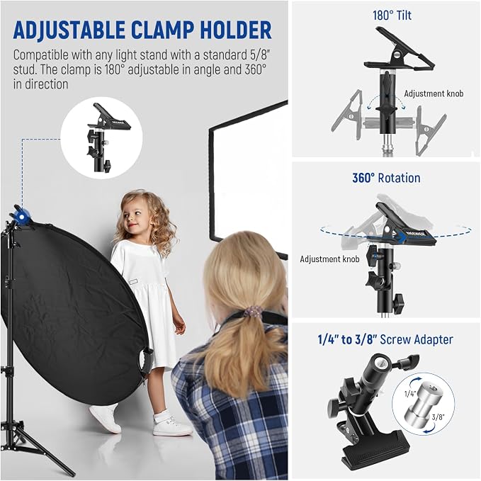 NEEWER 32"/80cm 5 in 1 Light Reflector with Clamp & Hand Grips, Polyester Multi Disc Photography Diffuser, Translucent/Silver/Gold/White/Black, 3/8" Thread, for Studio Outdoor Lighting, RF-80II | Polyester Multi Disc, Photography Diffuser, Translucent,...
