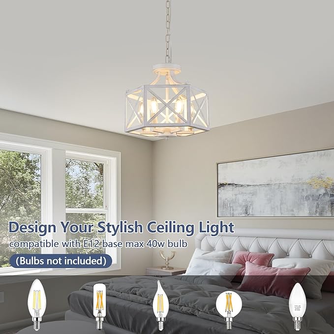 6-Light Antique White Pendant Light, Modern Farmhouse Chandeliers for Dining Room, Adjustable Hexagonal Metal Hanging Light, Vintage Geometric Pendant Lighting for Kitchen Island Entryway Foyer