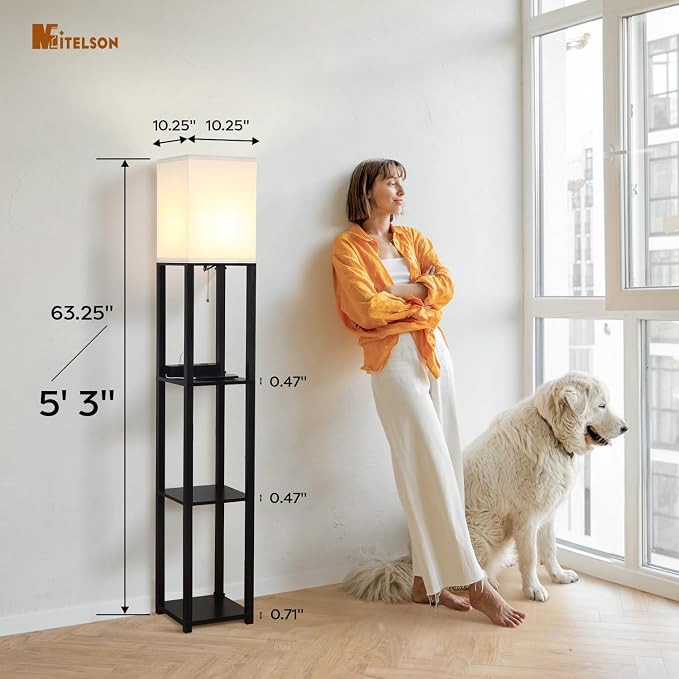 Floor Lamp with Shelves and USB, USB-C & Power Outlets, Shelf Lamp with Charging Station, Modern Square Lamps for Living Room, Tall Standing Floor Lamp for Bedroom and Office, Black