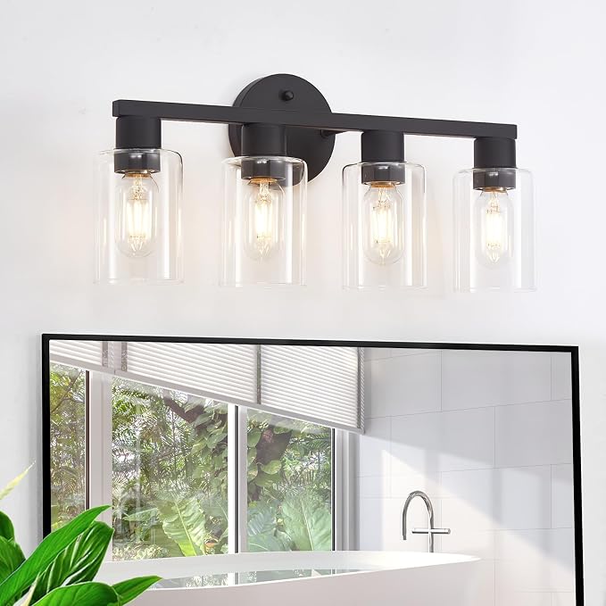 4 Light Bathroom Vanity Light, Matte Black Bathroom Light Fixtures with Clear Glass Shade, 4-Light Vanity Lights, Black Lighting Fixtures for Bath Mirror Bedroom Living Room Hallway Porch