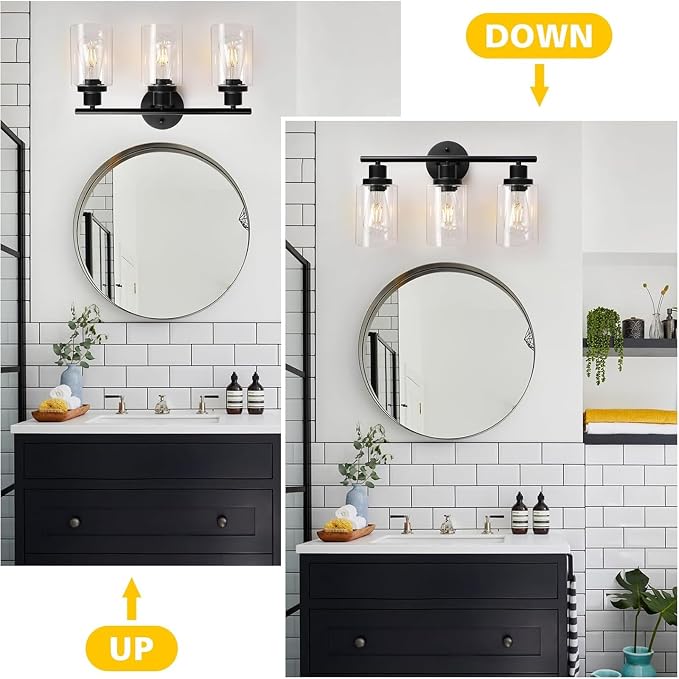 2 Pack Modern Bathroom Light Fixtures, 3 Light Vanity Lights, Black Wall Lamp with Clear Glass for Bathroom, Mirror, Living Room, Bedroom, Hallway, E26 Base