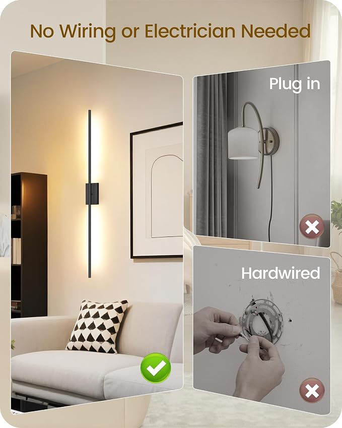 39.4" Wireless Wall Sconces Battery Operated Set of 2, Rechargeable Lamps with Remote, 360° Rotation, 10000mAh, Touch Dimmable Lights for Bedroom, Living Room, Hallway, Black B07YBP205