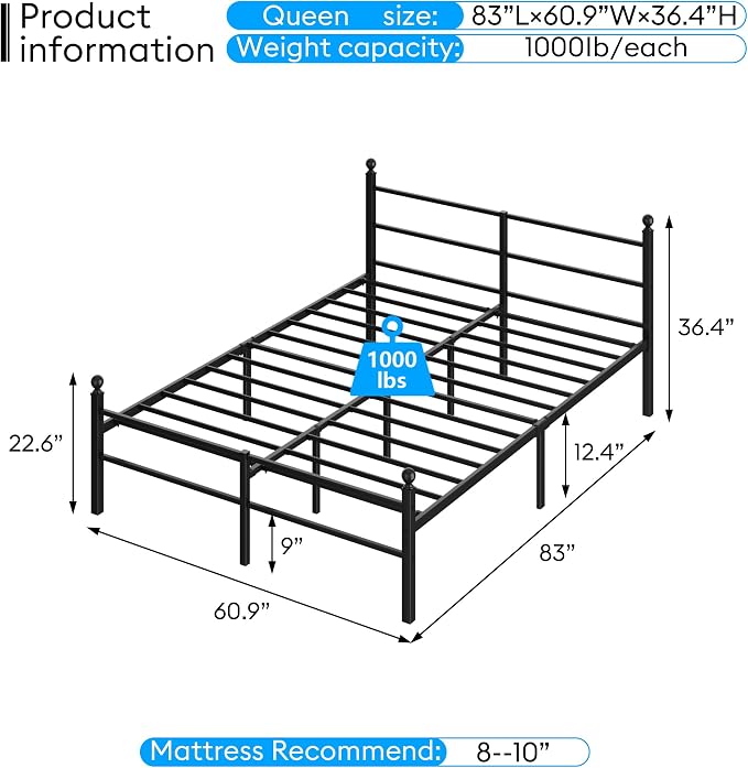 Queen Size Bed Frame with Headboard - Metal Platform Bed with LED Lights, Charging Station, Under Bed Storage and Heavy Duty Steel Slats Support - No Box Spring Needed, Easy Assembly, Black