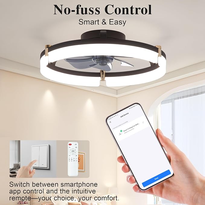 Smart Ceiling Fans with Lights Remote - 20'' WiFi Alexa Flush Mount Low Profile Modern Ceiling Fans for Bedroom - Stepless Color Temperature and 6 Speeds - Black