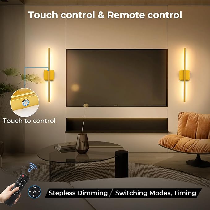 Battery Operated Wall Sconce Detachable 360°Rotate, Wireless Wall Lamp 3000-6500K Dimmable, 10000mAh Rechargeable Wall Light for Bedroom, Living Room，28.3" Black Gold 4 Pack