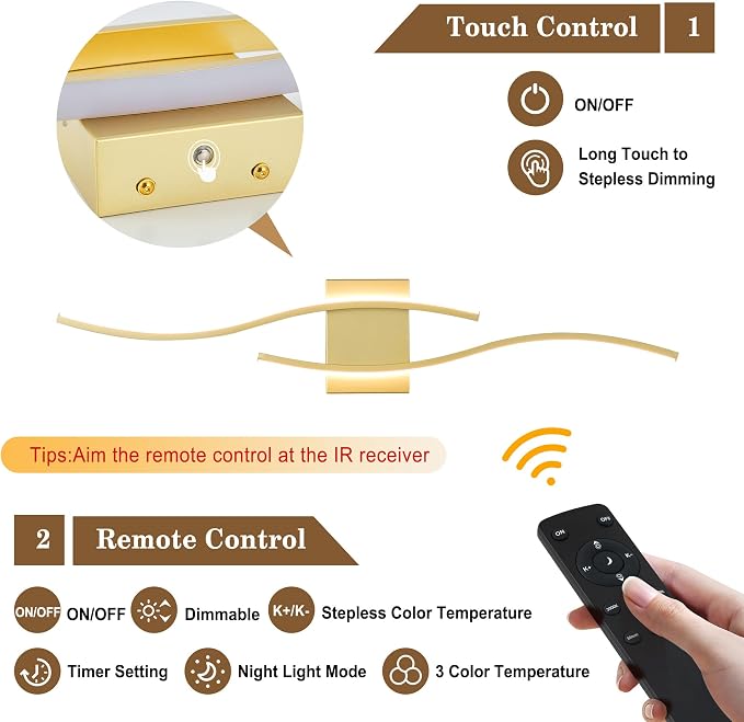 KARTOOSH Wireless Wall Sconces Set of 2, Dimmable LED Sconce with Remote | Battery Operated Wall Sconce with 3 CCT Night-Light Timer Memory Modern Wall Sconces for Living Room, Hallway, Bedroom