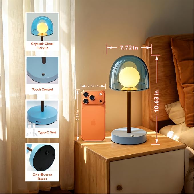 Blue Cordless Nursery Lamp, LED Small Kids Lamp, Shower Lamp IP44 | Blue Light Desk Battery, Wireless Table Lamps Dimmable, Small Battery Operated Lamp Kids Desk, Mini Lamp Desk Kitchen Lamp
