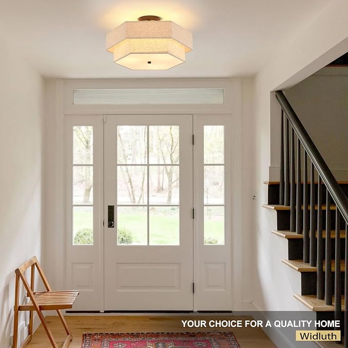 18" Large Black Semi Flush Mount Ceiling Light, 3-Light Fixture | Beige Linen Double Hexagonal Shade, Modern Black Finish For Bedroom, Dining, Living, Hallway, Entryway; Close-To-Ceiling, E26