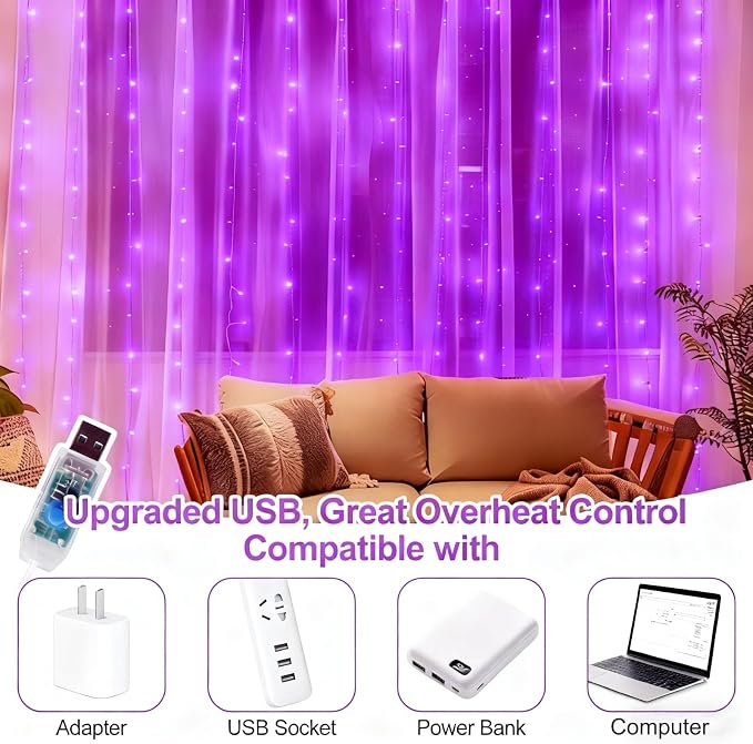 300 LED Fairy Curtain Lights, 9.8 x 9.8FT Purple USB Plug in 8 Modes Hanging Lights with Remote for Christmas, Bedroom, Indoor, Outdoor, Weddings, Party (Purple)