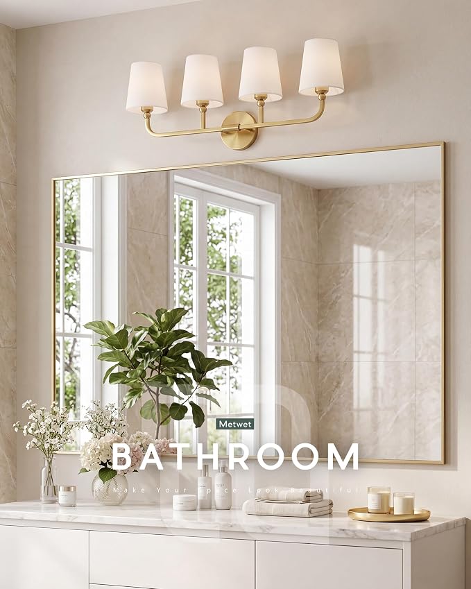 4-Light Brushed Gold Bathroom Vanity Light with White Fabric Shade | 28 Inch gold bathroom light fixture over mirror, UL listed, E26 bulbs, hardwired, upward only, VL837-BG-4K