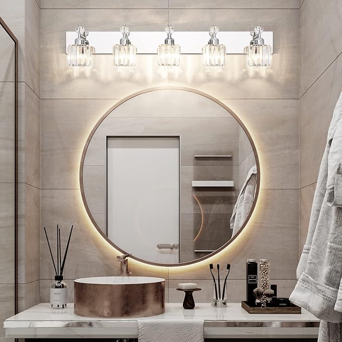 PRESDE Crystal 5-Light Vanity Light for Bathroom，Chrom Modern Bathroom Lights Fixtures Over Mirror
