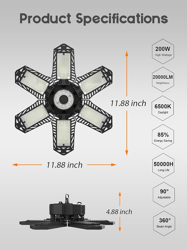 LED Garage Lights 6 Pack, 20000LM Plug in Shop Light Bay Lighting 6500K | 200W Ultra Bright, Linkable Design, 6 Deformable LED Panels, for Garage workshop Basement