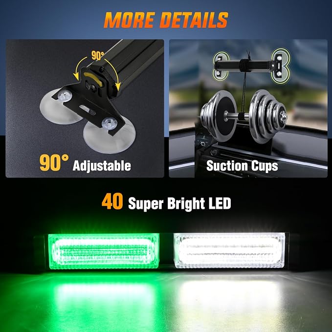 Nilight 40LED Green White Emergency Strobe Traffic Advisor Light Bar with Suction Cups Dash Safety Warning Hazard Flashing Lights Interior Front/Rear Windshield for Trucks Construction Vehicles | with Suction Cups Dash Safety Warning Hazard Flashing Li...