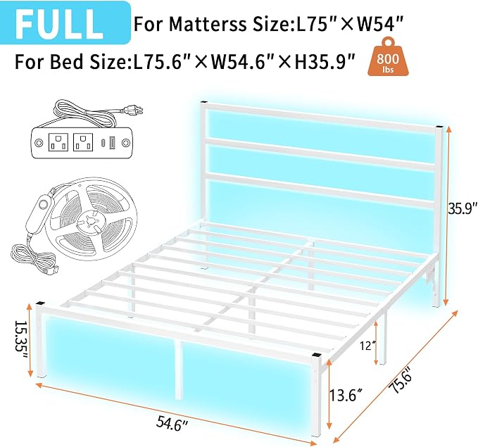 CLIBFENG Full Size Bed Frame with Headboard,Heavy Duty Steel Slats Support-LED Bed Frame with USB Charging Station,Mattress Foundation-Under Bed Storage,No Box Spring Needed,Noise Free,White