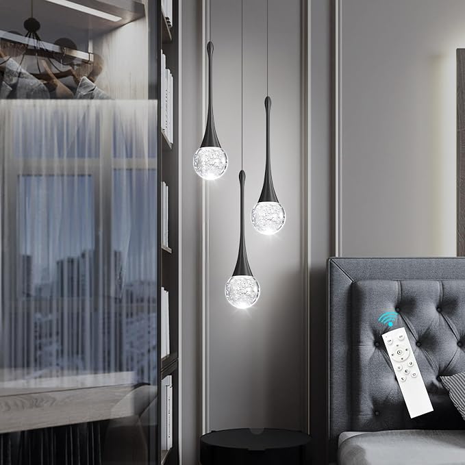 cenzoz 3-Lights Modern Pendant Lights for Kitchen Island LED Dimmable Crystal Glam Ceiling Pendant Lighting Chandelier for Dining Room Hallway Bedroom Corner Lamp Black
