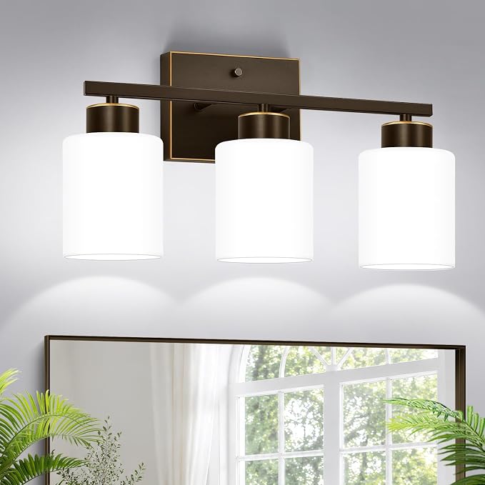 3-Light Bathroom Light Fixtures, Brown and Gold Vanity Light with Milky White Frosted Glass Shades, Modern Vanity Lighting Fixtures for Bathroom, Mirror, Bedroom, Hallway, Living Room
