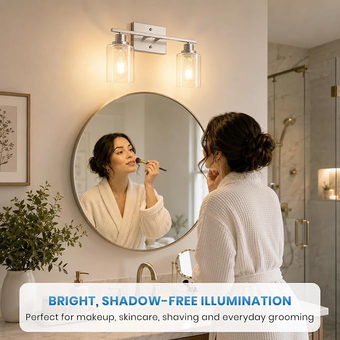 Ascher 2 Light Bathroom Light Fixture, Brushed Nickel Bathroom Lighting Fixtures Over Mirror, Vanity Light with Clear Glass Shade, Wall Sconce for Living Room Bedroom Cabinet, E26 Base
