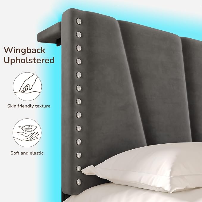 EnHomee King Size Bed Frame with LED Lights & USB, Noise-Free, Grey | Adjustable Velvet Headboard，Under-Bed Storage，Heavy Duty Support with 12 Slats，No Box Spring Needed，Easy Assembly for Bedroom