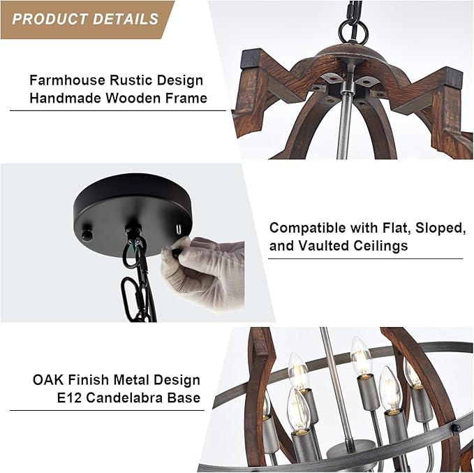 23'' 6-Light Wood Farmhouse Chandelier for Dining Room Vintage Rustic Oak Brown Pendant Light Fixtures Globe Hanging Ceiling Lighting for Hallway Entryway Foyer Kitchen Living Room Bedroom