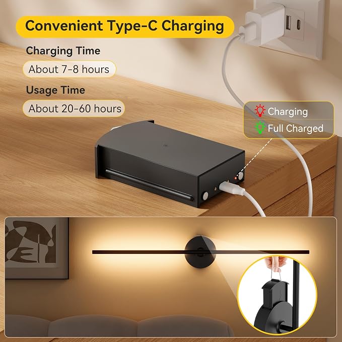 Battery Operated Wall Sconces Set of 2, 8000mAh Wireless Rechargeable 3000-6000K Dimmable 350° Rotate Wall Light with Remote for Living Room, Bedroom 31.6in Black