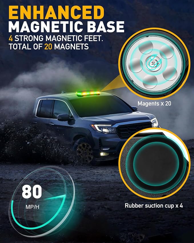 HLauto 406D Rooftop Emergency Strobe Lights Bar, 102 LED Amber Green Mini Beacon Safety Flashing Warning Traffic Lights Bar w/Magnetic Base for 12-24V Trucks, Construction Vehicles, Snowplow, Cars