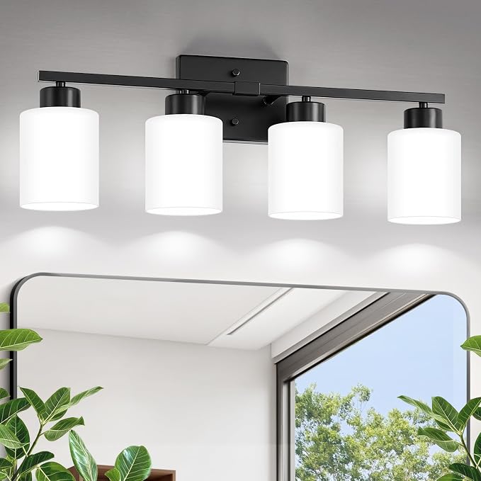 Black Bathroom Light Fixtures Vanity Lighting Over Mirror | 4-Light Modern Wall Sconces with Milky White Frosted Glass Shades for Restroom (E26 Socket)