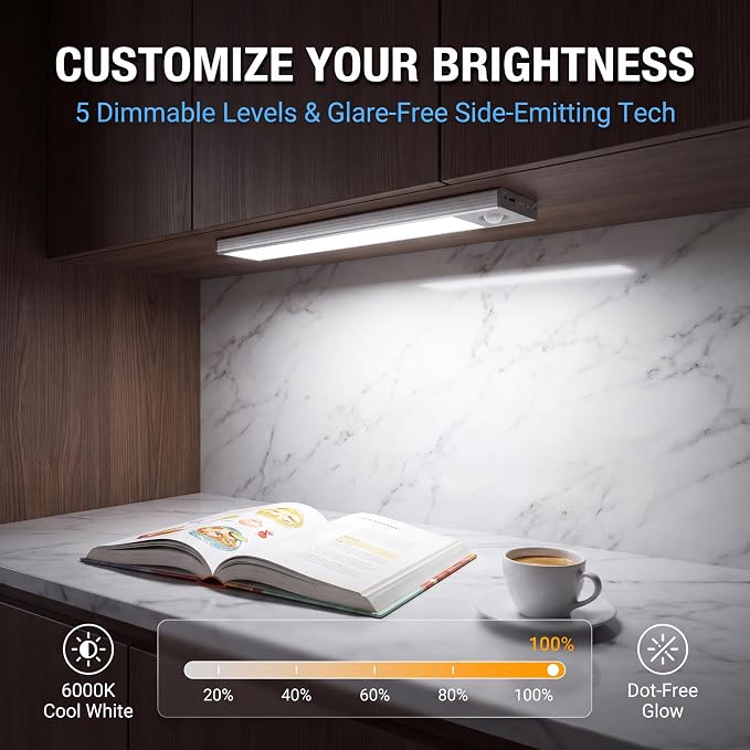 Under Cabinet Lighting, 4200mAh Motion Sensor Light, 3CCT, 2 Pack | 11 Inch USB-C Fast Charging, Battery Operated, 10s/20s Delay, 240lm & 5-Level Dimmable, Magnetic for Kitchen & Closet, Indoor