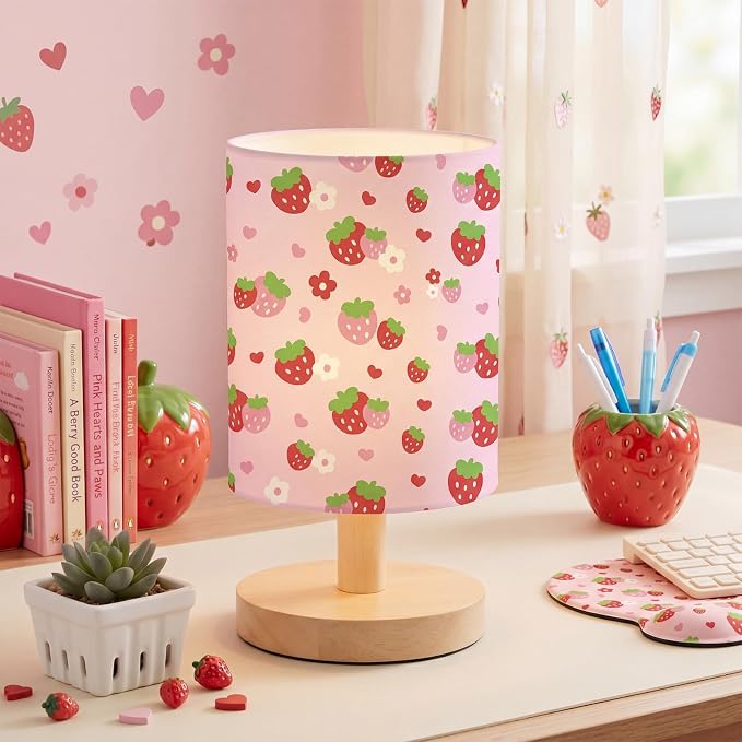 Strawberry Kids Table Lamp for Bedroom Kids Bedside Lamp with Linen Wooden Nightstand Cartoon Nursery Lampshade for Girls Boys Living Room