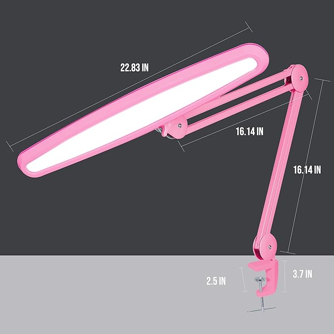 Neatfi XL 2,200 Lumens 24W LED Desk Lamp – 23” Wide Shade | Dimmable Eye-Caring Task Light | Adjustable Arm | Home Office, Study, Crafts & Nail Tech (Non-CCT with Clamp, Pink)