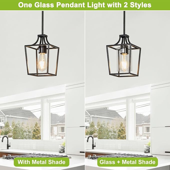 foucasal Black Farmhouse Lantern Pendant Light for Kitchen Island 6.69" | 1 Light, E26 Ceramic Socket, Clear Glass Shade, Adjustable Height Rods, Ideal for Kitchen Dining Room Foyer Hallway Entrance