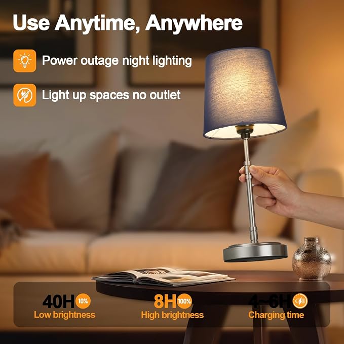 Cordless Table Lamps Set of 2 – Battery Operated Lamp with 7500mAh Rechargeable Battery, Stepless Dimmable Brushed Nickel Lamps with Blue Shade, Wireless Lamps for Dining Room (Bulbs Included)