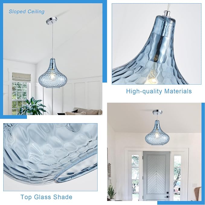 11 Inch Blue Hammered Glass Pendant Light Brushed Nickel Ceiling Lamp | Adjustable hanging cord, warm soft diffused light, decor for dining space, kitchen island, hallway and living room