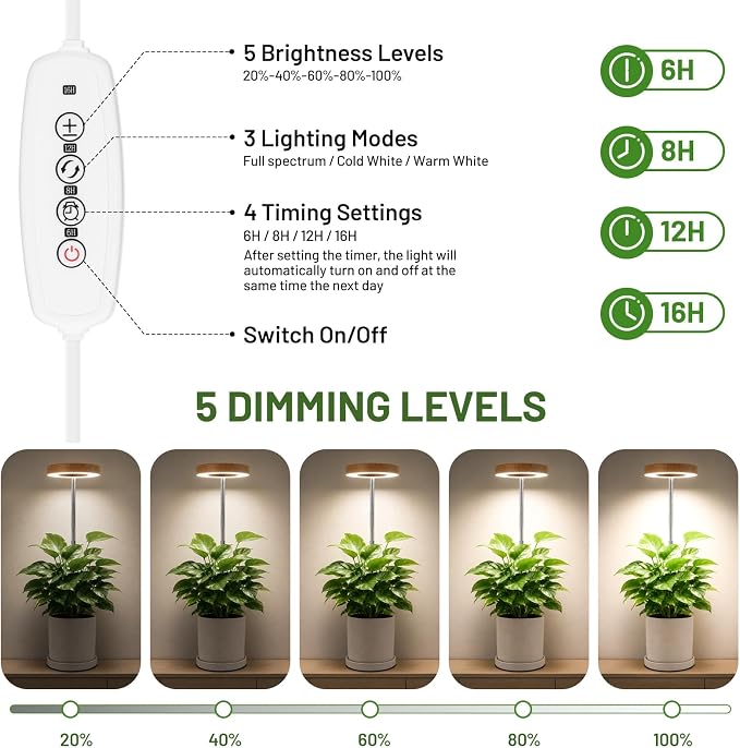 LBW Grow Lights for Indoor Plants, Full Spectrum Halo Grow Light with Base | 48 LEDs Bamboo Grain Grow Lamp, Base/Soil Stake, 7.8-26" Adjustable, 6/8/12/16H Timer, 3 Color, 5 Brightness, For Small Plant