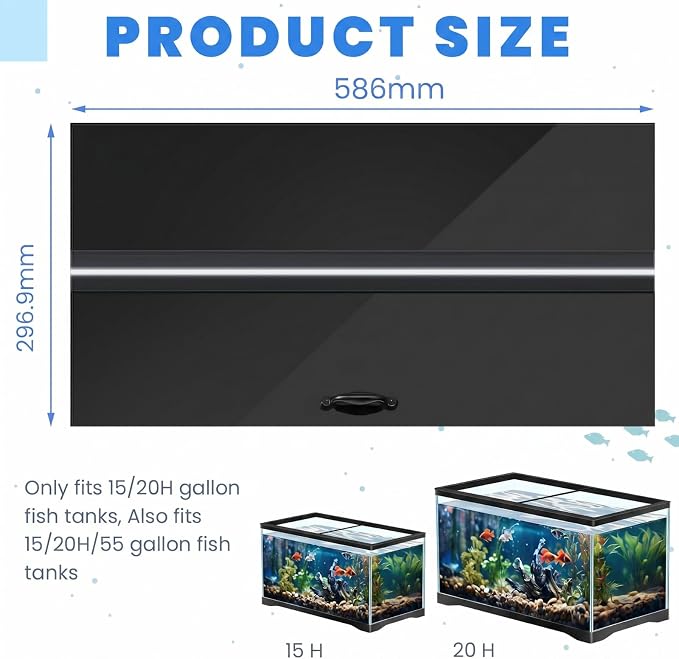 Sieral Aquarium Lids Polycarbonate Canopy with LED Light 23.07 x 11.69 x 0.12 Inch for 15/20H/55 Gallon Without Center Brace Aquariums Cover Fish Tank Lid with a Hook Knife, Black