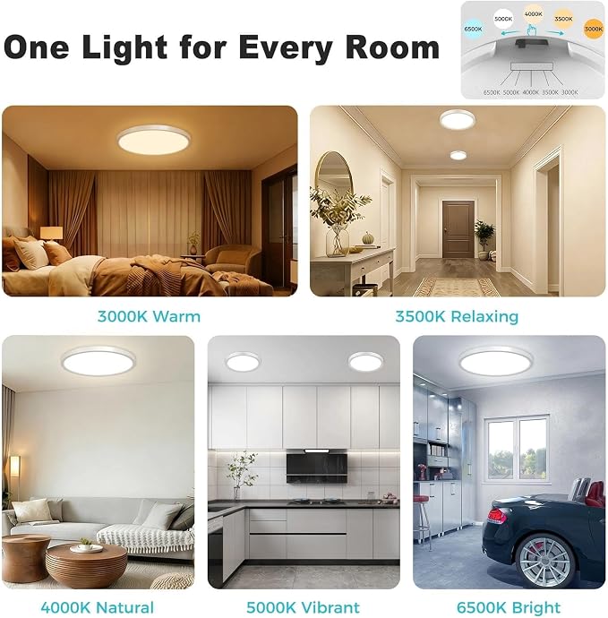 libtit 15inch LED Flush Mount Ceiling Light, Dimmable & 5Color Temperatures (3000K-6500K), 30W Round Slim White Light Fixture for Bedroom Livingroom Garage Kitchen