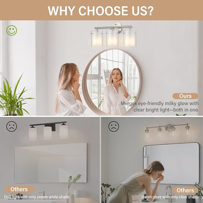 Brushed Nickel Bathroom Light Fixtures Over Mirror, 3-Light 20-Inch Vanity Lights with Dual Glass Shades, Eye-Friendly Modern Vanity Lights for Bathroom Bedroom Living Room Hallway