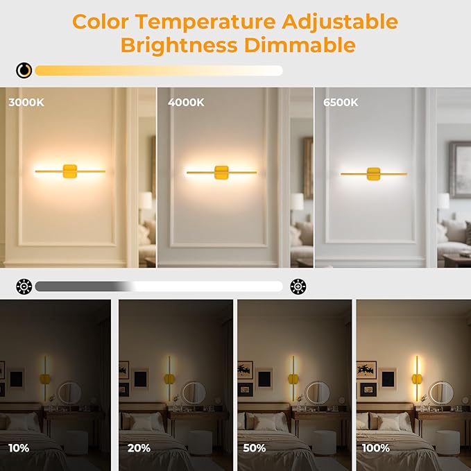 1 Pack Battery Operated Wall Sconce Detachable 360°Rotate, Wireless Wall Lamp 3000-6500K Dimmable, 10000mAh Rechargeable Wall Light for Bedroom, Living Room，28.3" Gold