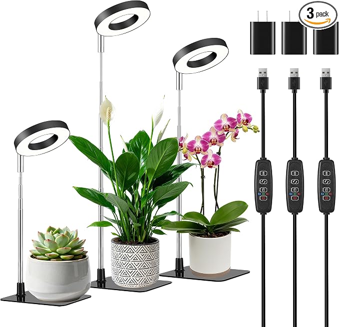 Black 3.54" LED Grow Light, Full Spectrum Plant Lights for Indoor Growing with 3/9/12H Timer, 3 Color Modes, 10 Brightness, Height Adjustable, Small Halo Grow Light with Base, 3 Pack