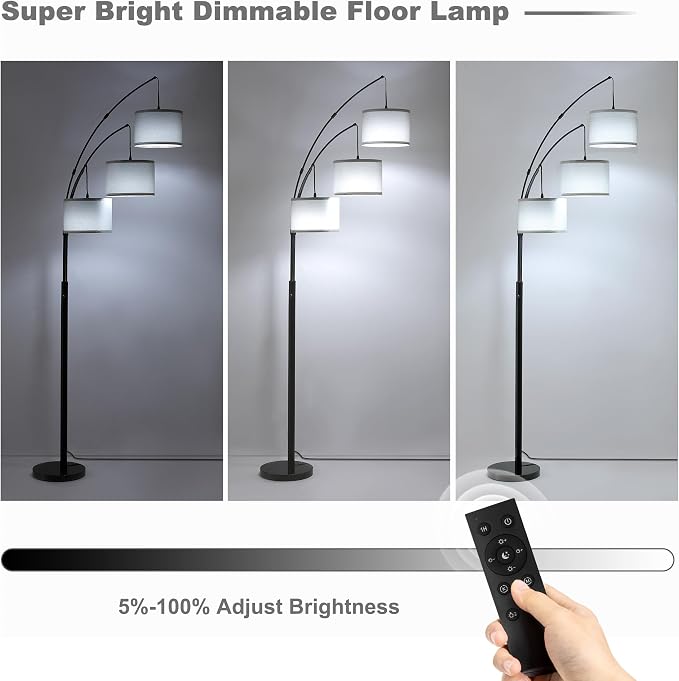Floor lamp with Remote, 3 Light Arc Floor Lamps for Living Room, 2400LM Tall Standing Floor Lamps with Gray Shades, 80" Large Floor Lamp for Bedroom, Office