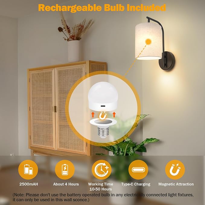 Battery Operated Wall Sconce Set of 2, Black Wall Light Fixture | Rechargeable Wall Mount Light, Dimmbale Bulb & Remote, 12 RGB Colors & Timer, Wireless Wall Lamp Linen Shade, Bedroom Hallway