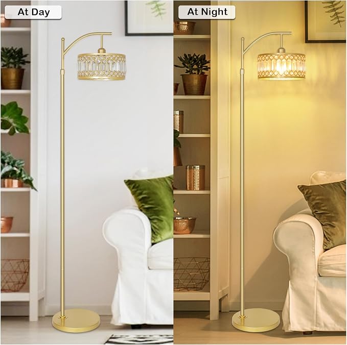 Gold Floor Lamp, Arc Floor Lamp for Bedroom, Standing Lamps for Living Room, Crystal Mid Century Modern Tall Lamp, Corner Stand Up Lamp, Height Adjustable Arched Brass Reading Lamps (Bulb Included)