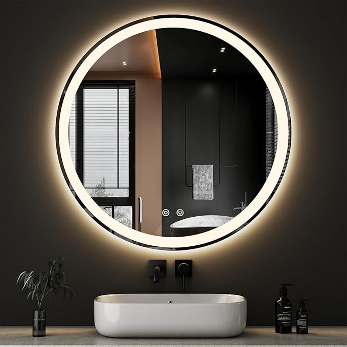 Sweetcrispy 36 Inch Round LED Mirror for Bathroom with Lights, Circle Vanity Mirror with Anti-Fog, Dimmable, 3-Color Light, Memory Function, Tempered Glass