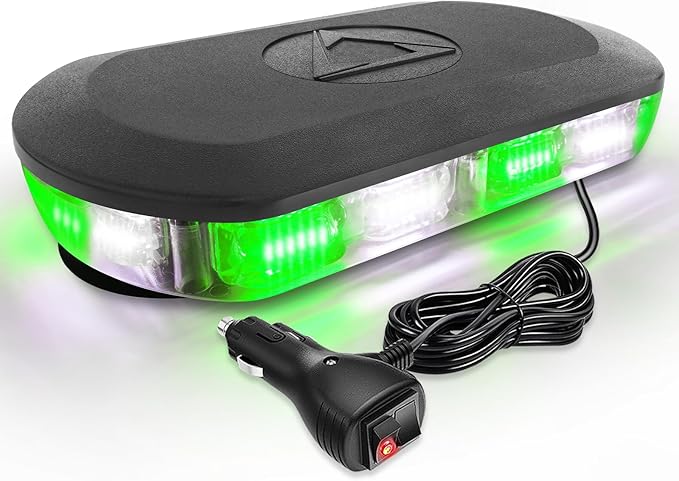 HLauto 700A Rooftop Emergency Strobe Lights Bar, 72 LED Green White Mini Beacon Safety Flashing Warning Traffic Lights Bar w/Magnetic Base for 12-24V Trucks, Construction Vehicles, Snowplow, Cars